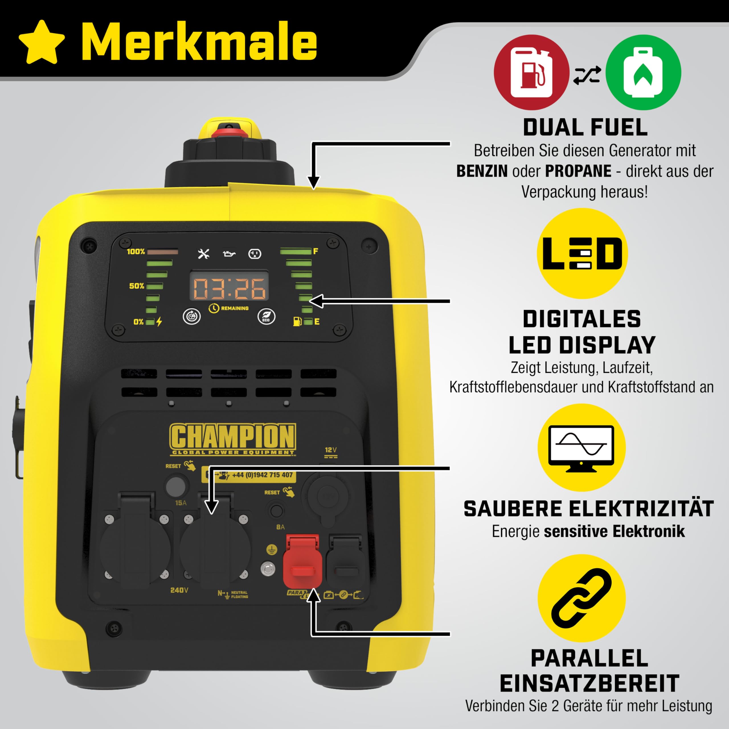 Champion Power Equipment Petrol + Gas Power Generator (2000 Watt, Power Inverter, Generator with LED Display, Dual Fuel, Extremely Quiet) 8200i-E-DF-EU, Yellow