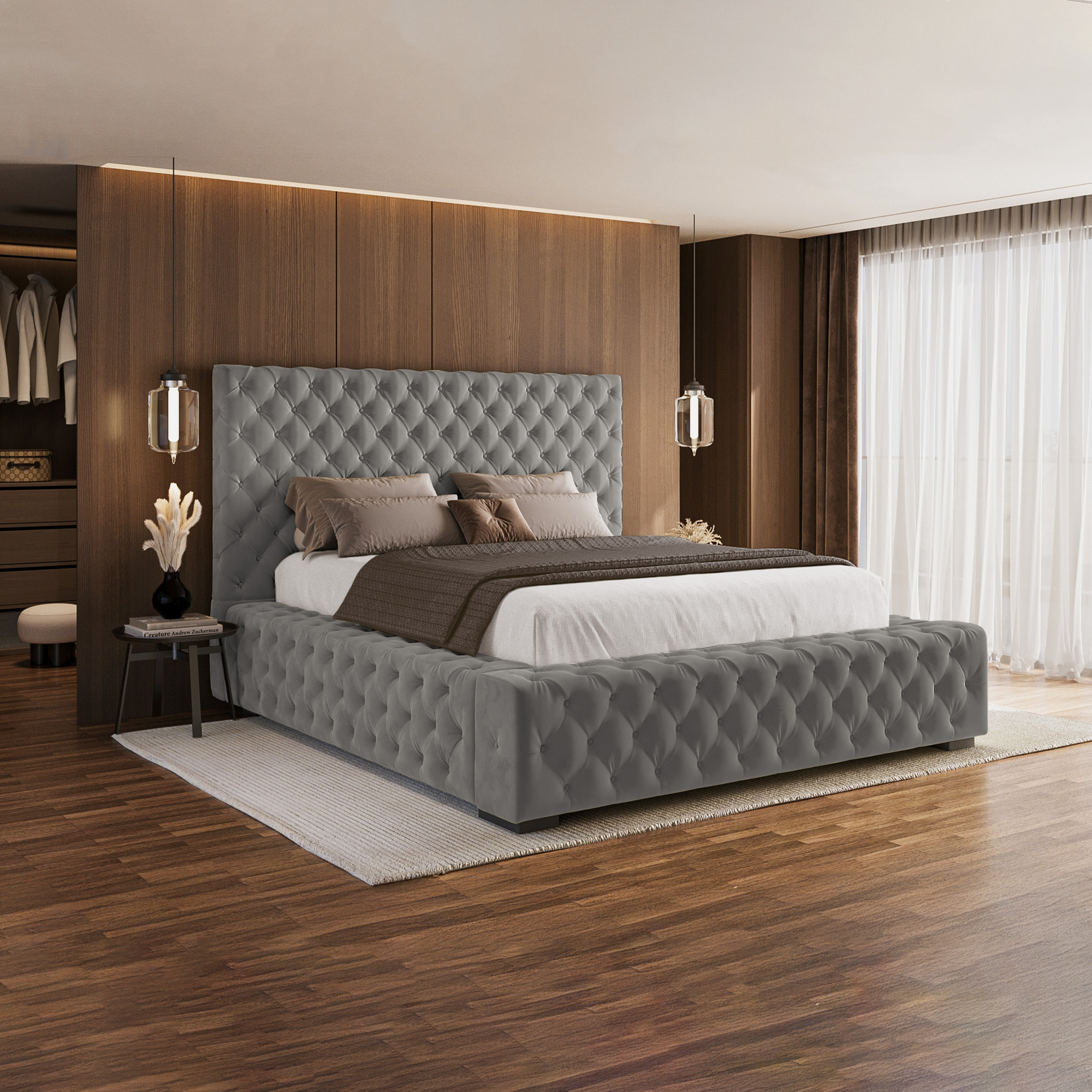 IDALINE grey velvet upholstered storage bed 160 x 200 cm