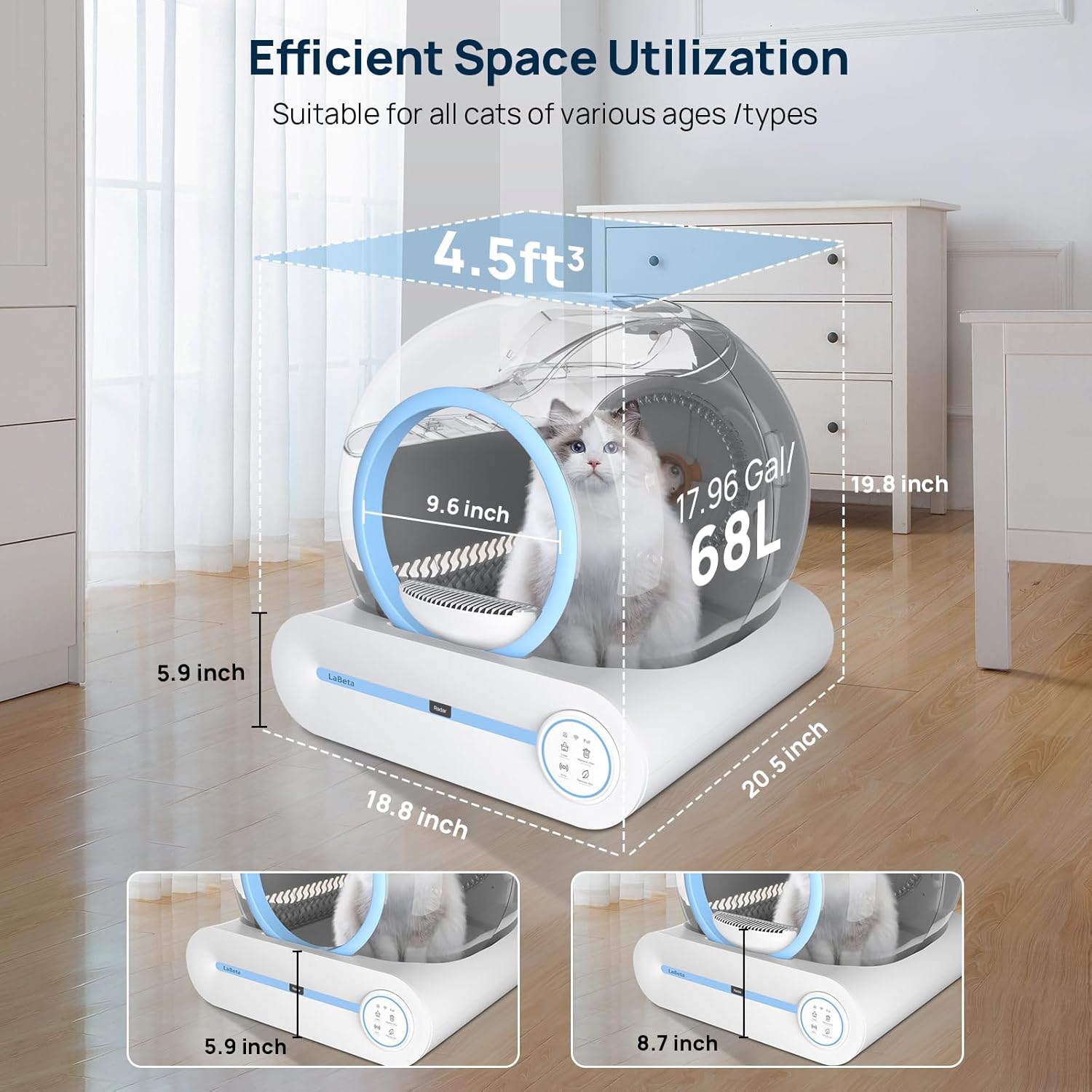 Self Cleaning Litter Box, Upgraded Automatic Cat Litter Box with Mat, 68L+9L Large Capacity Litter Box Robot, Suitable for Multiple Cats, APP Control