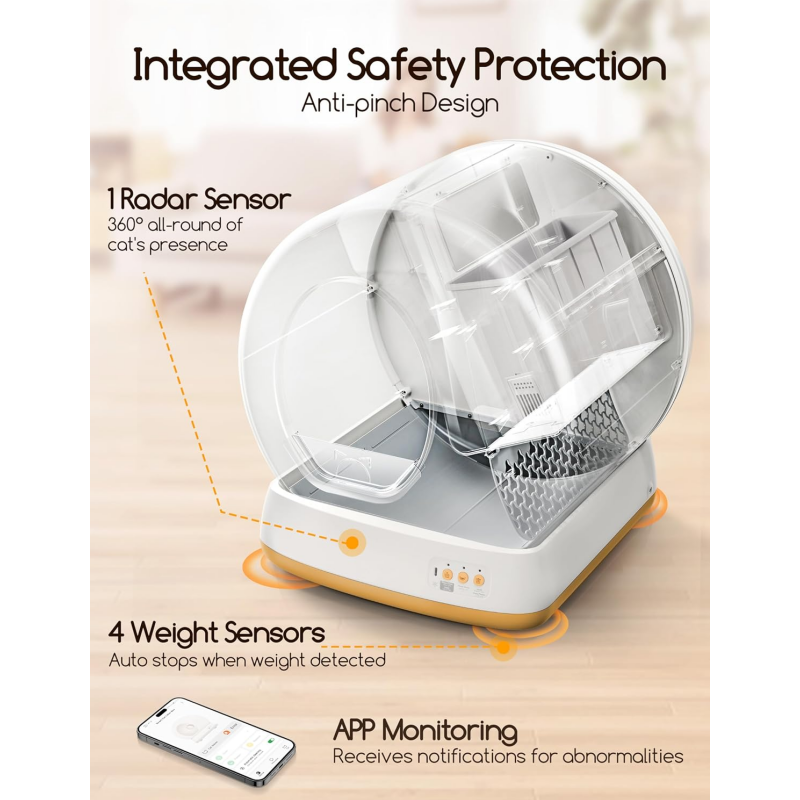 MeoWant Self-Cleaning Cat Litter Box, Advanced Safety System Automatic Cat Litter Box Perfect for Multi Cats, Extra Large/Odor Control/APP Control Smart Cat Litter Box with Mat & Liner, Yellow